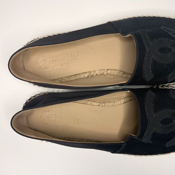 Chanel Satin CC Espadrille EU 38 US 7-7.5 Black Slip On Cap Toe Grosgrain Flat - Picture 11 of 13